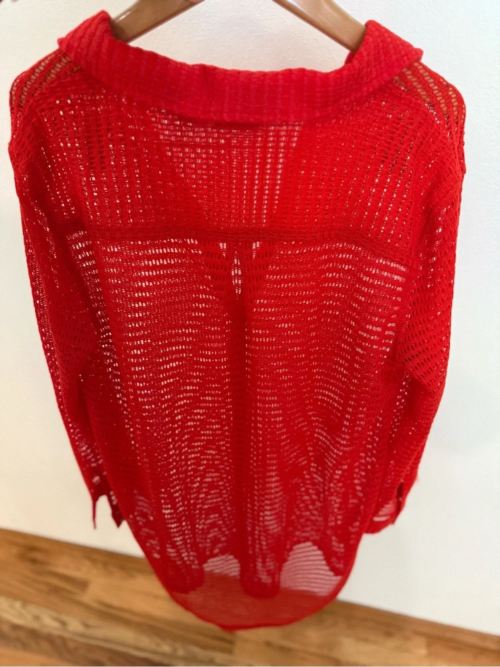 Haute Hippie Bright Red Open-Knit Button-Front Swim Coverup - Picture 5 of 5